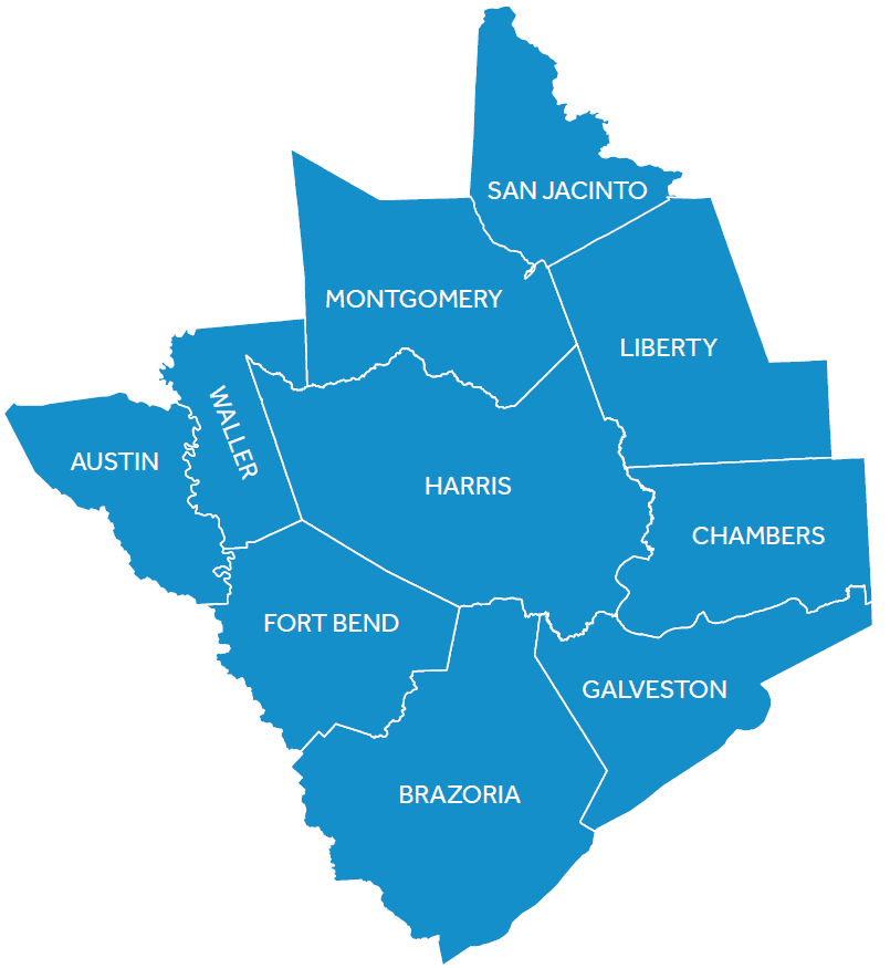 Map of the nine-county Greater Houston metro area that Falcon serves